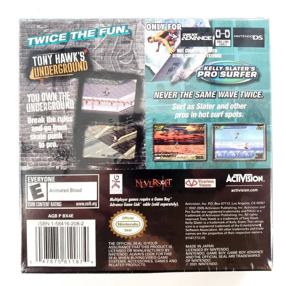 2 in 1 Game Pack: Tony Hawk's Underground/Kelly Slater's Pro Surfer GBA Sealed - Picture 2 of 7